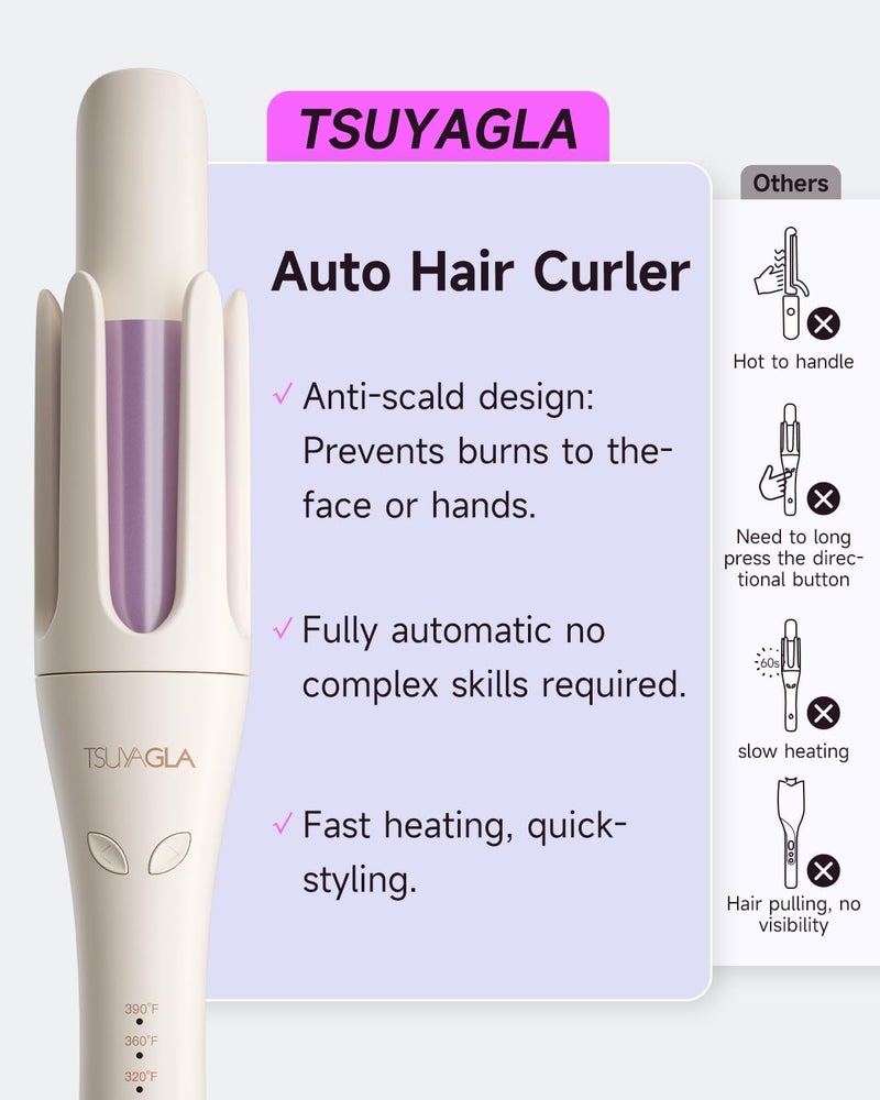 TSUYAGLA Automatic Hair Curler, 1 1/4 Inch Rotating Curling Iron with 3 Temp, 500 Million Ionic, 2-Way Rotation,10S Fast Heating, Anti-Scald, Anti-Tangle Rotating Curling Wand for Long Hair - Image 3